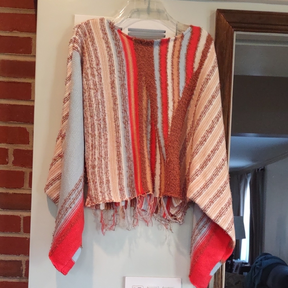 Klesis Sweater Womens S/M Baja Mixed Striped Crop Frayed Knit Slouchy Boho